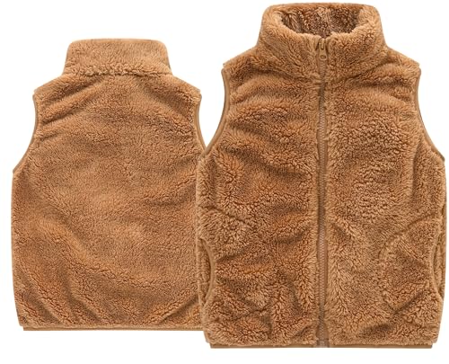 FEOYA Kinder Winter Weste Jungen Mädchen Flauschig Atmungsaktive Softshell Weste Kinder Armellos Outwear mit Taschen B Khaki 3-4 Jahre von FEOYA