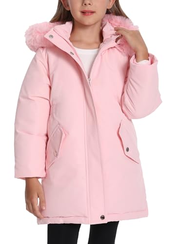 FEOYA Kinder Winterjacke Winter Gefütterte Jacke Warm Outdoor Baby Daunenjacke Mit Fellkapuze Solid Mädchen Wintermantel Wasserdicht Mit Plüschtasche Mantel Fleece Lang Puffer Dicke Rosa 10 11 Jahre von FEOYA