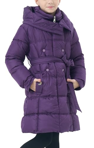 FEOYA Kinder Winterjacke Winter Stepp Teenager Jacke Lange Puffer Mädchen Mantel Gefütterte Dicke Daunenjacke Mit Kapuze Elegant Steppjacke Warme Gefüttert Wasserdicht Teddy Violett 9 10 Jahre von FEOYA