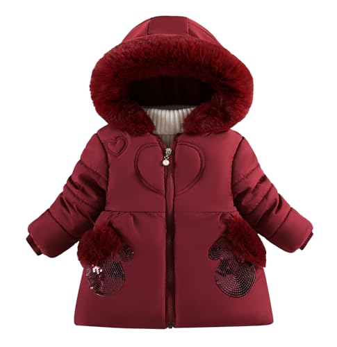 FEOYA Kinder Wintermantel Winter Mit Kapuze Girls Jacke Fleece Lang Kids Mantel Warm Mit Kellkapuze Baby Kindermantel Puffer Outdoor Steppmantel Wasserdicht Gefüttert Freizeit Weinrot 2 3 Jahre von FEOYA