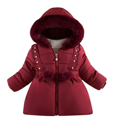 FEOYA Kinder Wintermantel Winter Mit Kapuze Girls Jacke Fleece Lang Kids Mantel Warm Mit Kellkapuze Baby Kindermantel Puffer Outdoor Steppmantel Wasserdicht Gefüttert Freizeit Weinrot 2 3 Jhare von FEOYA