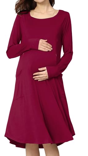 FEOYA Kleider für Schwangere Mutterschaft Schwangerschaft Umstandskleid Festlich Fotoshooting Stillkleidung Langarm Umstandsmode Herbst Weinrot L von FEOYA