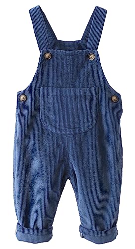 FEOYA Kleinkind Bodysuit Unisex Kind Cord Latzhose Gerippter Samt Arbeitshose Hosenträger Taschen Overall Hosen Jungen Mädchen Knöpfe Outfit Neugeborenen Latzhose Frühling Herbst Blau 95 von FEOYA