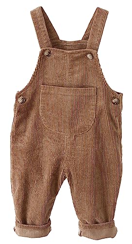 FEOYA Kleinkind Bodysuit Unisex Kind Cord Latzhose Gerippter Samt Arbeitshose Hosenträger Taschen Overall Hosen Jungen Mädchen Knöpfe Outfit Neugeborenen Latzhose Frühling Herbst Braun 100 von FEOYA