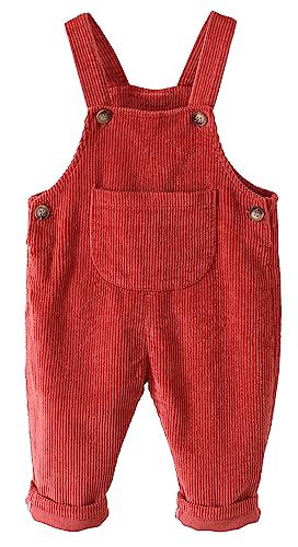 FEOYA Kleinkind Bodysuit Unisex Kind Cord Latzhose Gerippter Samt Arbeitshose Hosenträger Taschen Overall Hosen Jungen Mädchen Knöpfe Outfit Neugeborenen Latzhose Frühling Herbst Rot 85 von FEOYA