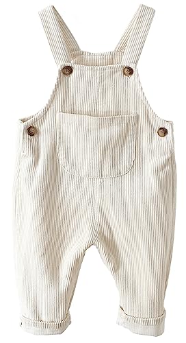 FEOYA Kleinkind Bodysuit Unisex Kind Cord Latzhose Gerippter Samt Arbeitshose Hosenträger Taschen Overall Hosen Jungen Mädchen Knöpfe Outfit Neugeborenen Latzhose Frühling Herbst Weiß 80 von FEOYA