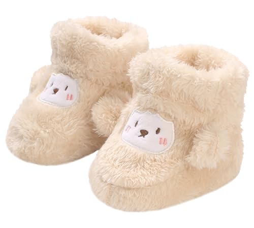 FEOYA Kleinkind Boots Winter Weiche Sohle Baby Schuhe Warme Outdoor Mädchen Stiefel Gefüttert Dicke Jungen Winterschuhe Rutschfeste Fleece Neugeborenen Krabbelschuhe Lammfell Apriksfarbe 0 6 Monate von FEOYA