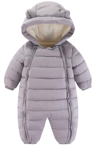 FEOYA Kleinkind Schneeanzug Einteilige Neugeborene Strampler mit Kapuze Baby Jungen Mädchen Daunenmantel Mit Doppelreißverschluss Grau 18-24 Monate von FEOYA