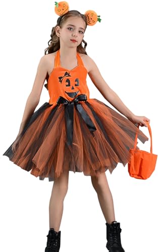 FEOYA Kürbis Tüllkleid für Kinder Mädchen mit Stirnband und Tasche 3tlg Karneval Verkleidung Outfits mit Tutu Rock Niedliche Ärmellos Kleid Verstellbare Schultergurte Set Festlich Kleidung 8-9 Jahre von FEOYA