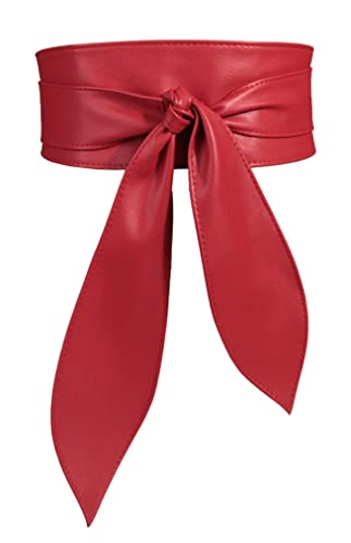 FEOYA Kunstleder/Denim Obi Gürtel für Frauen Elegante Schleife Breiter Gürtel Mode Wrap Around Taillengürtel Weich Knotted Cinch Gürtel für Kleid, für alle Jahreszeiten, M-L, 1/2 Pack, rot, 42 von FEOYA