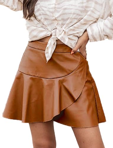 FEOYA Kunstleder Rock Kurz Sexy A Linien Rock Minirock Herbst Winter Faltenrock Wetlook Rock Elegant Braun L/38-40 FEOYA Kunstleder Rock Kurz Sexy A Linien Rock Minirock Herbst Winter Faltenrock Wetlook Rock Elegant Braun L/38-40 von FEOYA
