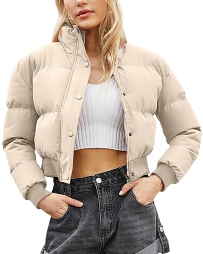 FEOYA Kurz Daunenjacke Damen Cropped Puffer Jacke Bauchfrei Winterjacke Stehkragen Warm Dicke Steppjacke Bubble Short Mantel Beige XS von FEOYA