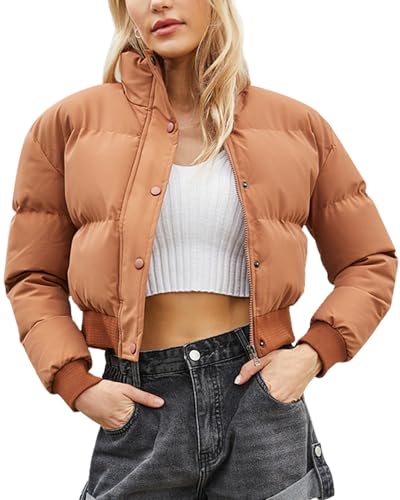 FEOYA Kurz Daunenjacke Damen Cropped Puffer Jacke Bauchfrei Winterjacke Stehkragen Warm Dicke Steppjacke Bubble Short Mantel Braun S von FEOYA