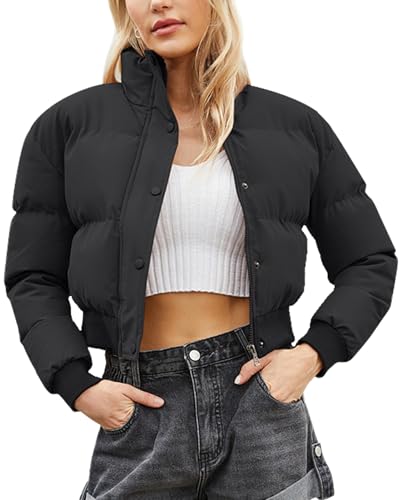 FEOYA Kurz Daunenjacke Damen Cropped Puffer Jacke Bauchfrei Winterjacke Stehkragen Warm Dicke Steppjacke Bubble Short Mantel Schwarz L von FEOYA