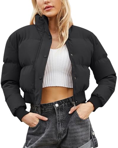 FEOYA Kurze Jacke Damen Winter Daunenmantel Daunenjacke Cropped Puffer Winterjacke Steppmantel Puffermantel DE-Größe S/Hersteller M Schwarz von FEOYA