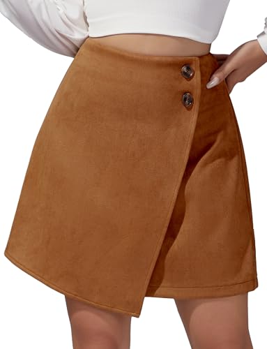 FEOYA Kurzer Rock Damen Wildleder Elegant Herbst Minirock Unregelmäßig Partyrock Suede Skirt Khaki XL/40-42 von FEOYA