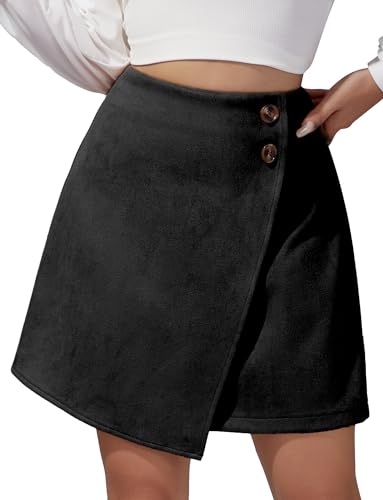 FEOYA Kurzer Rock Damen Wildleder Elegant Herbst Minirock Unregelmäßig Partyrock Suede Skirt Schwarz XL/40-42 von FEOYA