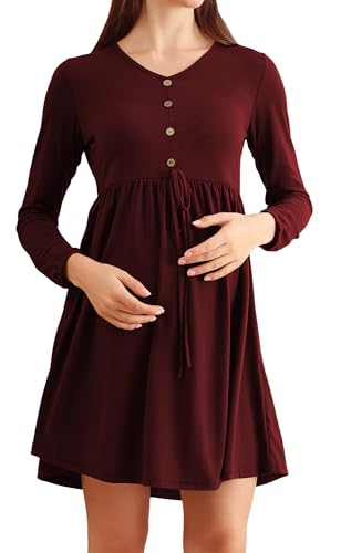FEOYA Lässig Schwangerschaftskleid Langarm Nachtwäsche mit Knopf Elegant Herbst Winterkleid Tunika Umstandskleid M von FEOYA