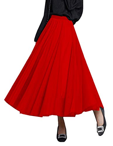 FEOYA Lässiger Faltenrock, Damen, aus Tüll, Skirt, Unterrock, Futter, Prinzessinnen-Rock, lang, locker, elastisch, hohe Taille, einfarbig, (A-Linie) leuchtend rot, One size von FEOYA