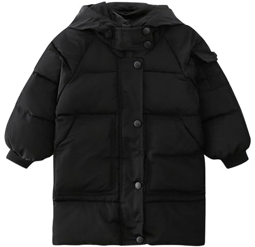 FEOYA Lange Daunenjacke aus Baumwolle mit Kapuze Mäntel für Jungen Winter Gefüllte Baby kleidung für Mädchen jacken Kinder Polyester Coat Reißverschluss Knopf Taschen Schwarz 110 von FEOYA