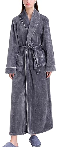 FEOYA Langer Bademantel für Damen aus Weichem Flauschigem Fleece Morgenmantel mit Schalkragen Warme Flanell Winter Robe Grau 3XL von FEOYA