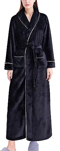 FEOYA Langer Bademantel für Damen aus Weichem Flauschigem Fleece Morgenmantel mit Schalkragen Warme Flanell Winter Robe Schwarz M von FEOYA