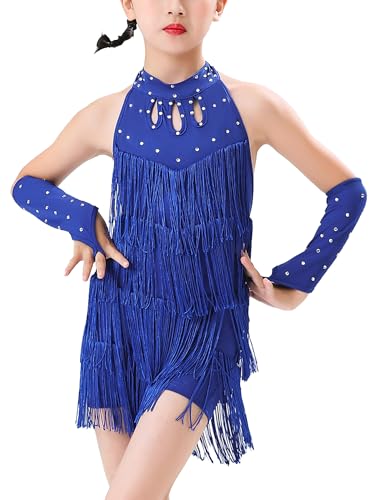 FEOYA Latein Kleid Mädchen Kinder Quaste Glitzer Tanzkleid Ärmellos Tanzbekleidung Neckholder Fransen Einteilige Shorts Tango Samba Jazz Tanzoutfit mit Handschuhen 9-10 Jahre von FEOYA