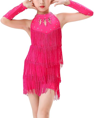FEOYA Latein Tanzkleid Mädchen Kinder Neckholder Fransen Kleid Ärmellos Tanzbekleidung Glitzer Tanzoutfit Quaste Kurze Hose mit Handschuhen Tango Samba Jazz Tanzoutfit 13-14 Jahre von FEOYA