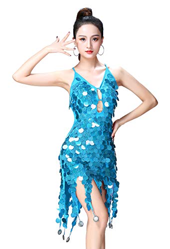 FEOYA Lateinisches Tanzkleid Damen Quaste Pailletten Kleid Ärmellos Party Mini Cocktail für Latin Cha Cha Rumba Samba Tango-Blau von FEOYA