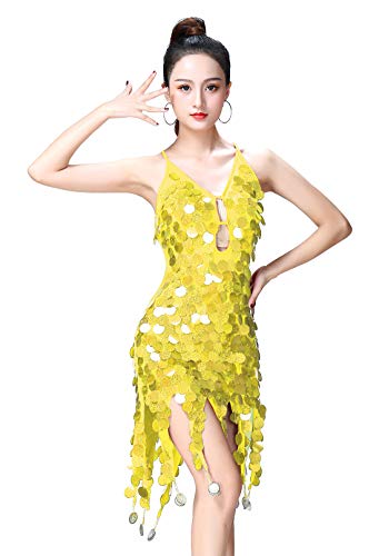 FEOYA Lateinisches Tanzkleid Damen Quaste Pailletten Kleid Ärmellos Party Mini Cocktail für Latin Cha Cha Rumba Samba Tango-Gelb von FEOYA