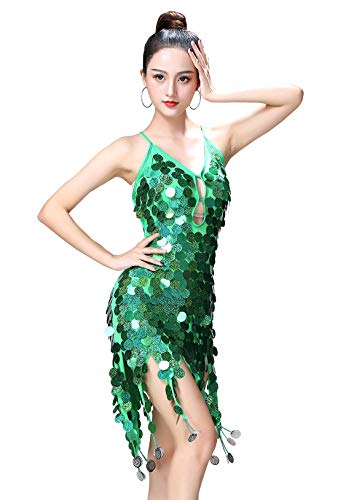 FEOYA Lateinisches Tanzkleid Damen Quaste Pailletten Kleid Ärmellos Party Mini Cocktail für Latin Cha Cha Rumba Samba Tango-Grün von FEOYA