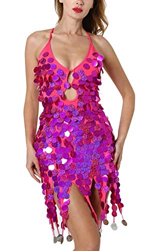 FEOYA Lateinisches Tanzkleid Damen Quaste Pailletten Kleid Ärmellos Party Mini Cocktail für Latin Cha Cha Rumba Samba Tango-Rosa von FEOYA