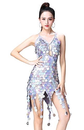 FEOYA Lateinisches Tanzkleid Damen Quaste Pailletten Kleid Ärmellos Party Mini Cocktail für Latin Cha Cha Rumba Samba Tango-Silber von FEOYA