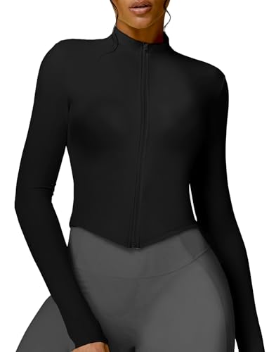 FEOYA Laufjacke Damen Atmungsaktive Enge Sportjacke Gym Yoga Top Langarm Fitness Trainingsjacke Leicht mit Reißverschluss Sweatjacke Running Jacke Slim Fit Sportoberteil Schwarz M Sportshirt Zipper von FEOYA