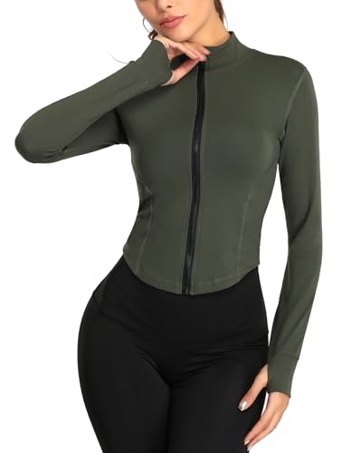 FEOYA Laufjacke Damen Atmungsaktive Enge Sportjacke mit Daumenloch Reißverschluss Gym Yoga Top Langarm Fitness Trainingsjacke Leicht Sweatjacke Running Jacke Slim Fit Sportoberteil Grün M Sportshirt von FEOYA