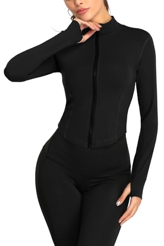 FEOYA Laufjacke Damen Atmungsaktive Enge Sportjacke mit Daumenloch Reißverschluss Gym Yoga Top Langarm Fitness Trainingsjacke Leicht Sweatjacke Running Jacke Slim Fit Sportoberteil Schwarz S Shirt von FEOYA