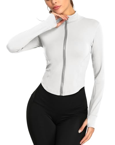 FEOYA Laufjacke Damen Atmungsaktive Enge Sportjacke mit Daumenloch Reißverschluss Gym Yoga Top Langarm Fitness Trainingsjacke Leicht Sweatjacke Running Jacke Slim Fit Sportoberteil Weiß S Sportshirt von FEOYA