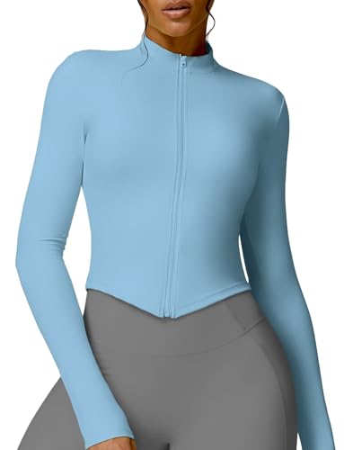 FEOYA Laufjacke für Damen Atmungsaktive Enge Sportjacke Gym Yoga Top Langarm Fitness Trainingsjacke Leicht mit Reißverschluss Sweatjacke Running Jacke Slim Fit Sportoberteil Blau L Sportshirt Zipper von FEOYA
