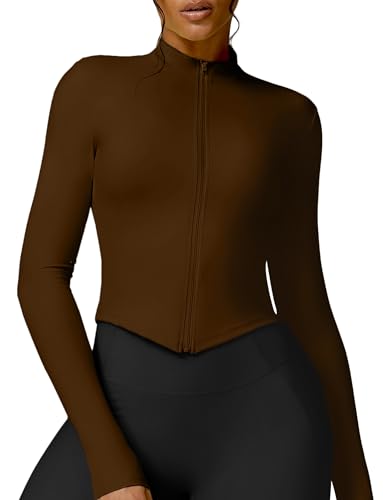 FEOYA Laufjacke für Damen Atmungsaktive Enge Sportjacke Gym Yoga Top Langarm Fitness Trainingsjacke Leicht mit Reißverschluss Sweatjacke Running Jacke Slim Fit Sportoberteil Braun S Sportshirt Zipper von FEOYA