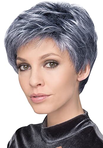 FEOYA- Layered Kurzhaarperücke Damen Synthetische Perücke mit Pony Flauschig Full Perücke Blau Gemischtes Silber mit Perückenkappe für Frauen Bunte Cosplay Tägliche Party Natürliche Perücke von FEOYA