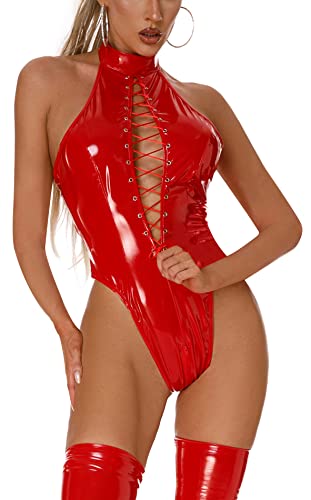 FEOYA Leder-Body für Damen, sexy Latex-Dessous, Wet-Look, figurbetont, Clubwear, Kostüme, metallisch, glänzend, einteiliges Outfit, Bandage-rot, XS von FEOYA