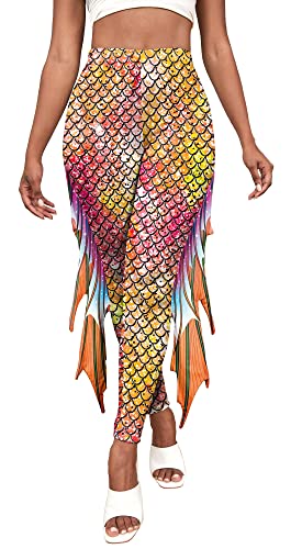 FEOYA Leggings für Damen Hohe Taille Halloween oder Meerjungfrau Print Leggings mit Flosse Glänzend Hose Skinny Pants Damen Push Up Leggings High Waist Leggins E S von FEOYA