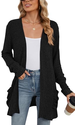 FEOYA Leicht Strickjacke Damen Elegant Gerippt Cardigan mit Taschen Open Front Sweater Casual Top Herbst Winter Outerwear Schwarz XL von FEOYA