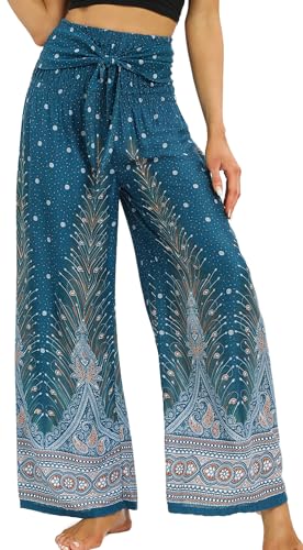 FEOYA Leichte Sommerhose Damen Palazzo Hose Hippie mit Kordel Yoga Zumba Strandhose Damen Lang Hohe von FEOYA