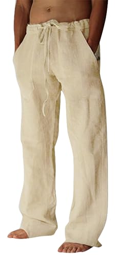 FEOYA Leinenhosen Herren Leichte Sommerhose Gerade Strandhose Freizeithose mit Seitentaschen Baggy-Hose mit elastischem Bund Yellow XXL von FEOYA