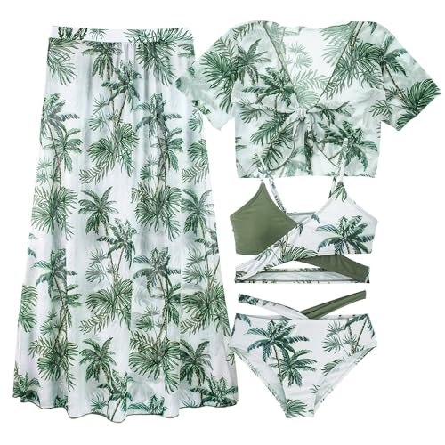FEOYA Mädchen 3 4-teilige Badeanzüge Sets Kleinkind Badeanzug Kinder Bademode Bekleidung Sommer Bikini Top+Unterwäsche+Sonnenschutz Kurzarm+Lange Hose Rock Sommer Schwimmanzug Grün 3 10 Jahre von FEOYA