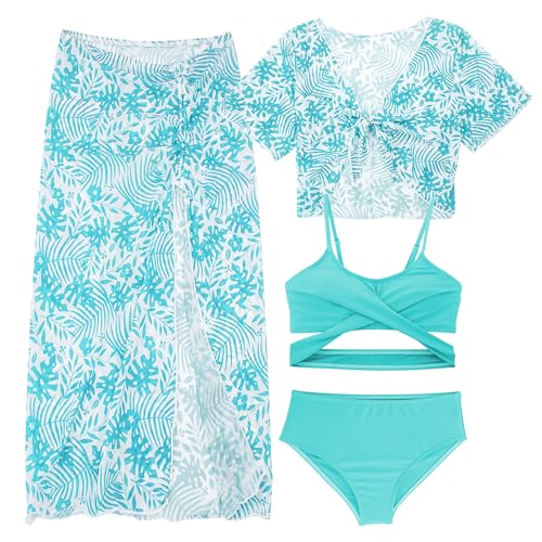 FEOYA Mädchen 3 4-teilige Badeanzüge Sets Kleinkind Badeanzug Kinder Bademode Bekleidung Sommer Bikini Top+Unterwäsche+Sonnenschutz Kurzarm+Lange Hose Rock Sommer Schwimmanzug Grün 4 9 Jahre von FEOYA