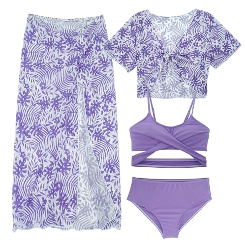 FEOYA Mädchen 3 4-teilige Badeanzüge Sets Kleinkind Badeanzug Kinder Bademode Bekleidung Sommer Bikini Top+Unterwäsche+Sonnenschutz Kurzarm+Lange Hose Rock Sommer Schwimmanzug Violett 2 12 Jahre von FEOYA