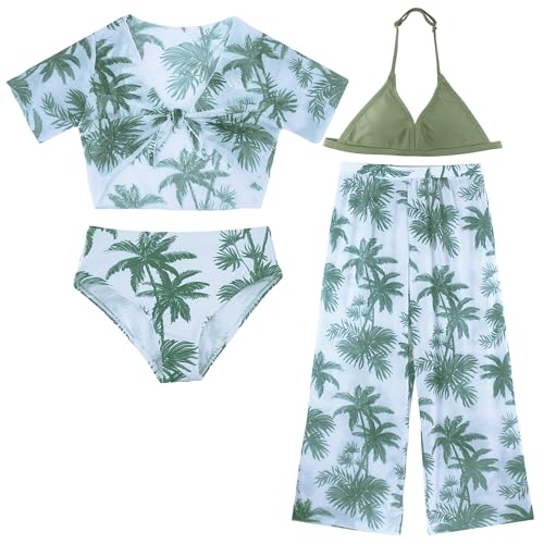 FEOYA Mädchen 4-teilige Badeanzüge Sets Kleinkind Badeanzug Kinder Bademode Bekleidung Sommer Bikini Top+Unterwäsche+Sonnenschutz Kurzarm+Lange Hose Sommer Schwimmanzug Grün 1 12 Jahre von FEOYA