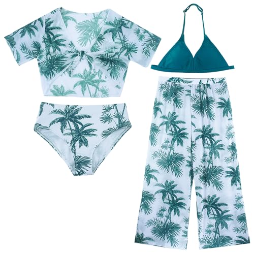 FEOYA Mädchen 4-teilige Badeanzüge Sets Kleinkind Badeanzug Kinder Bademode Bekleidung Sommer Bikini Top+Unterwäsche+Sonnenschutz Kurzarm+Lange Hose Sommer Schwimmanzug Grün 2 8 Jahre von FEOYA